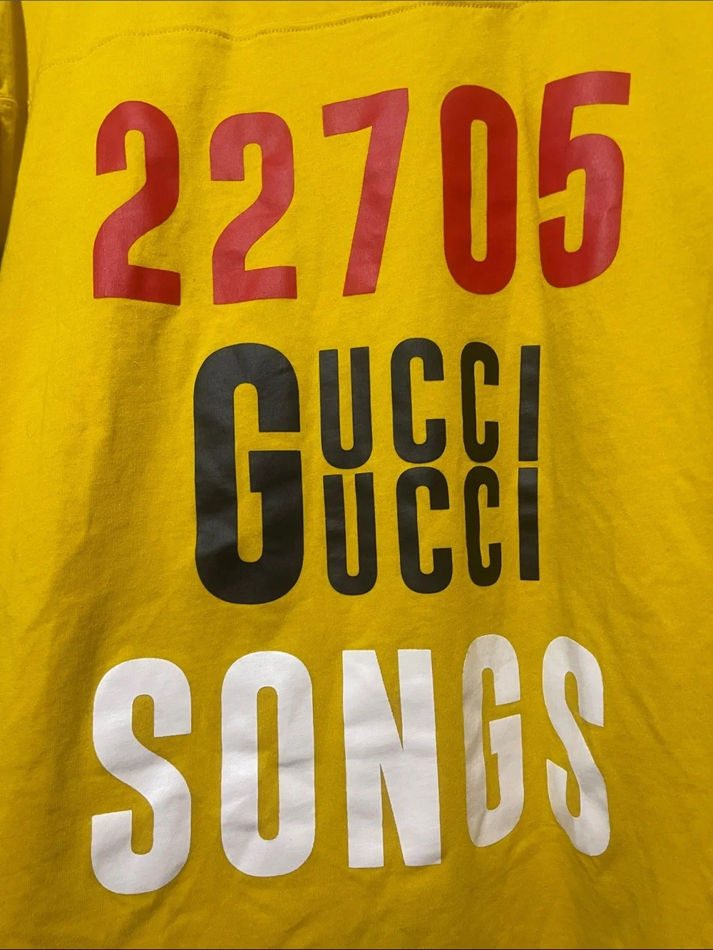 Gucci Yellow Graphic '22705 Songs' Tee with Blue Stripes large